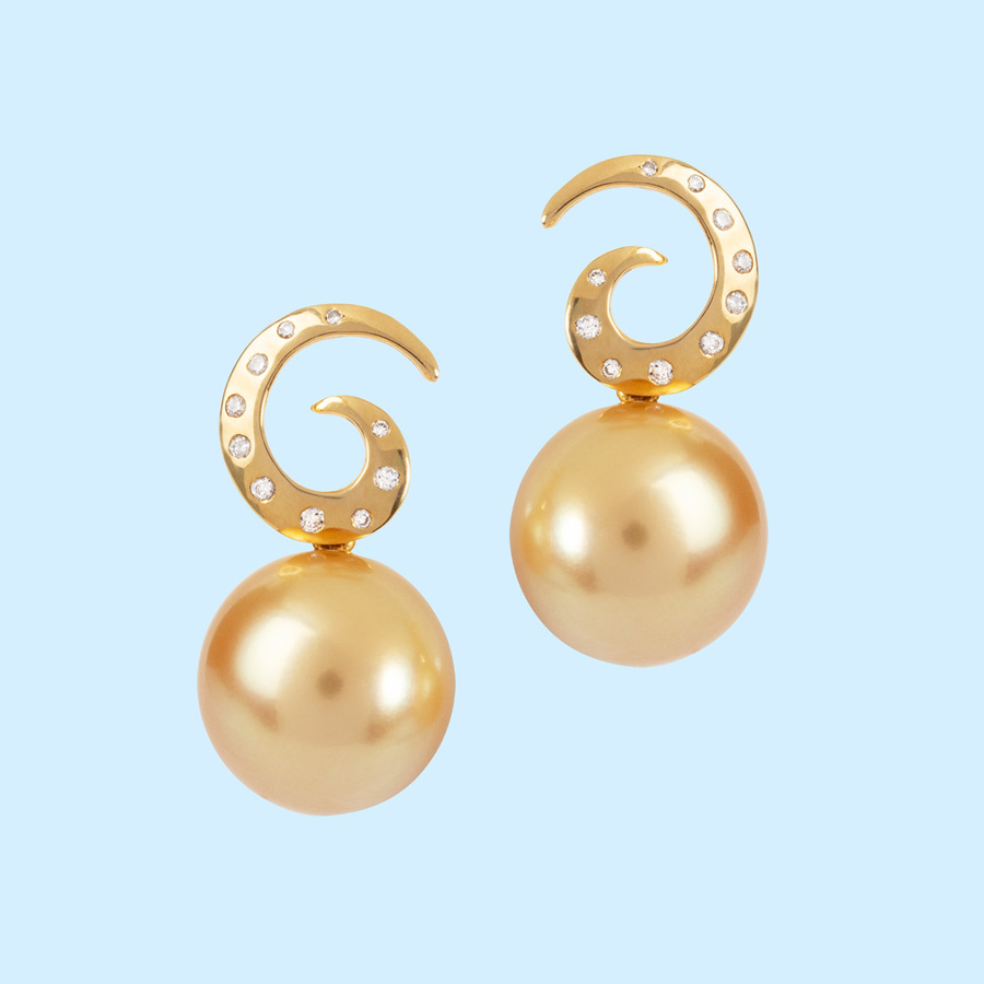 Gold Pearl & Diamond Curl Earrings (Jewelmer)